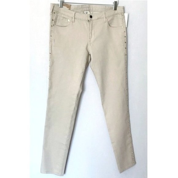 H&M LOW RISE SKINNY ANKLE JEANS BEIGE GOLD STUDDED LEGS SZ 33 NWT - Picture 1 of 10